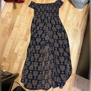 Blue floral off-the-shoulder romper dress